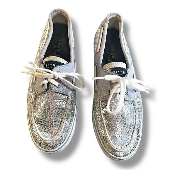 SPERRY TOP SIDERS Silver Sequin and Ivory or beige SZ 7.5 - Picture 1 of 15